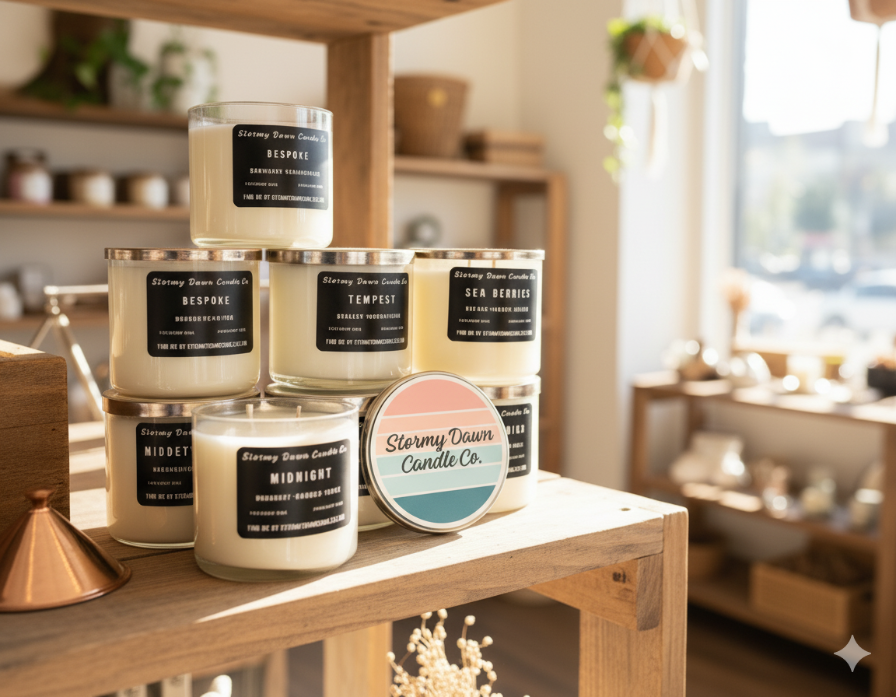 Collection of candles from Stormy Down Candle Co on a wooden surface with a blurred indoor background.