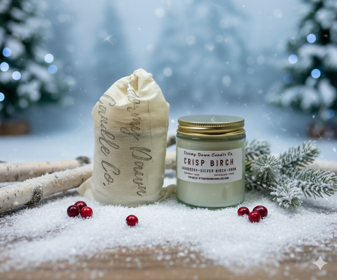 Candle and packaging with 'Crisp Birch' scent on a snowy surface with Christmas trees in the background.
