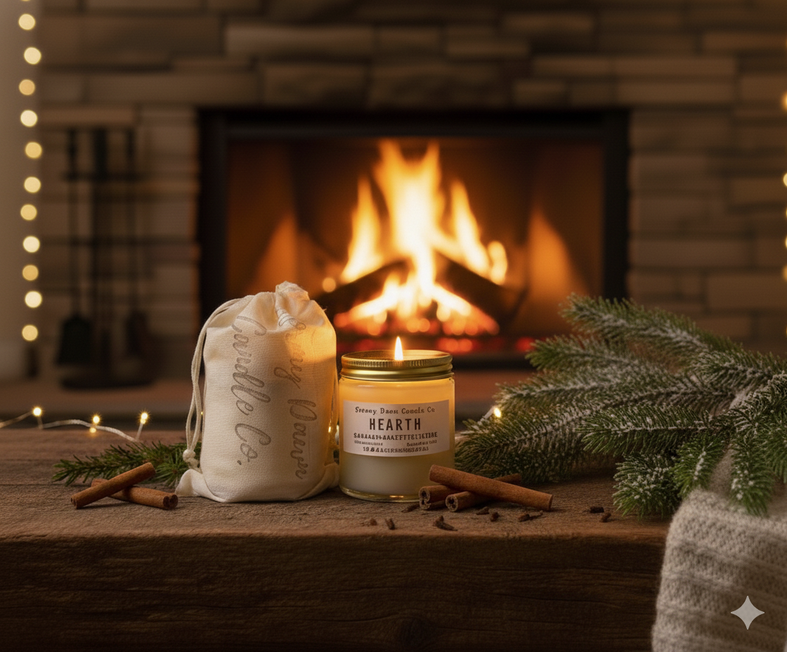 Candle and packaging on a table with a fireplace in the background