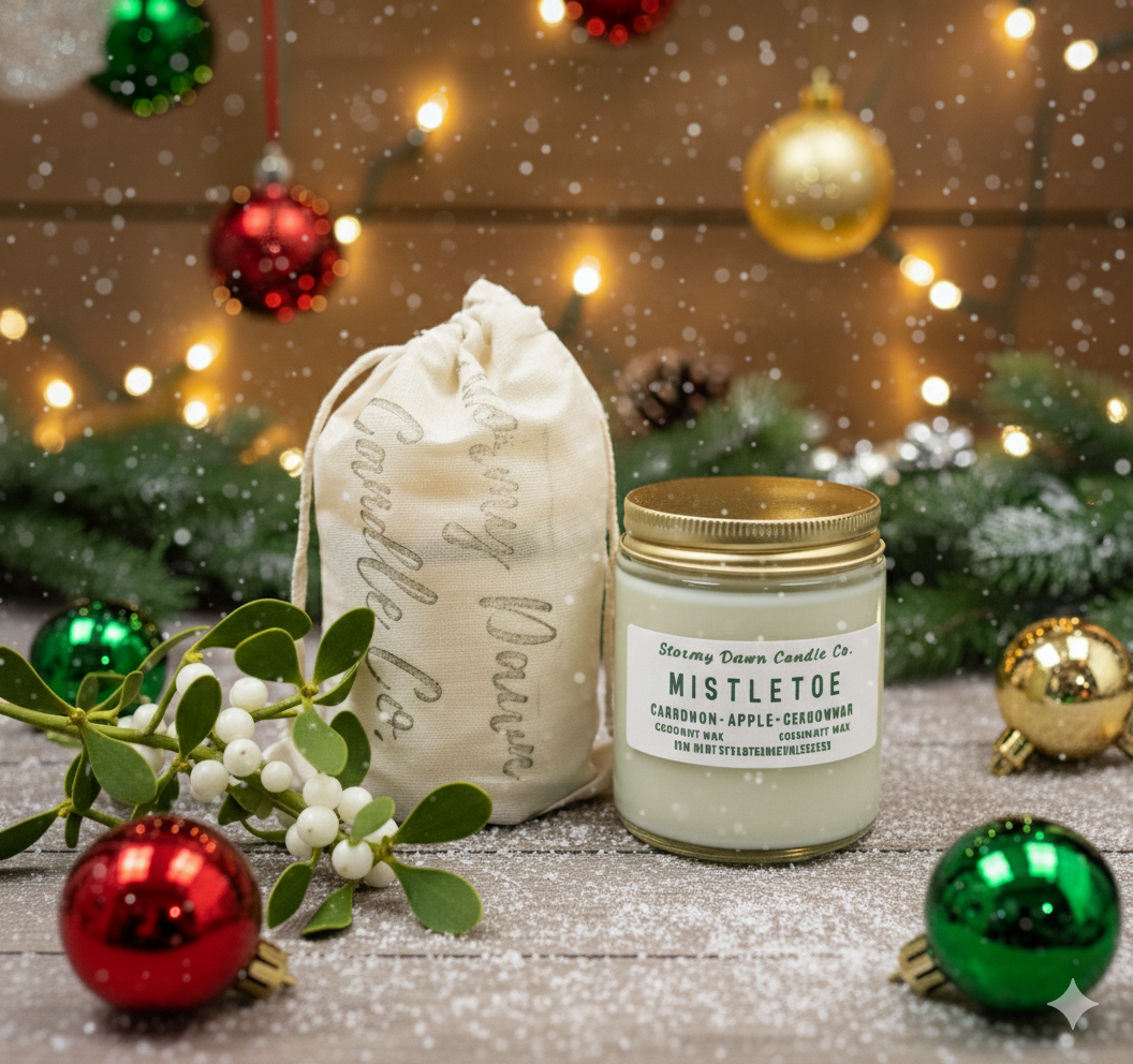 Mistletoe candle with decorative packaging and Christmas ornaments on a wooden surface.